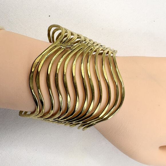 Women’s Wide Wavy Cuff Gold Plated Open Bracelet 2” - Picture 1 of 7